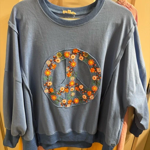 Easel Blue Top with Vibrant Floral Peace Sign Design - Picture 8 of 12